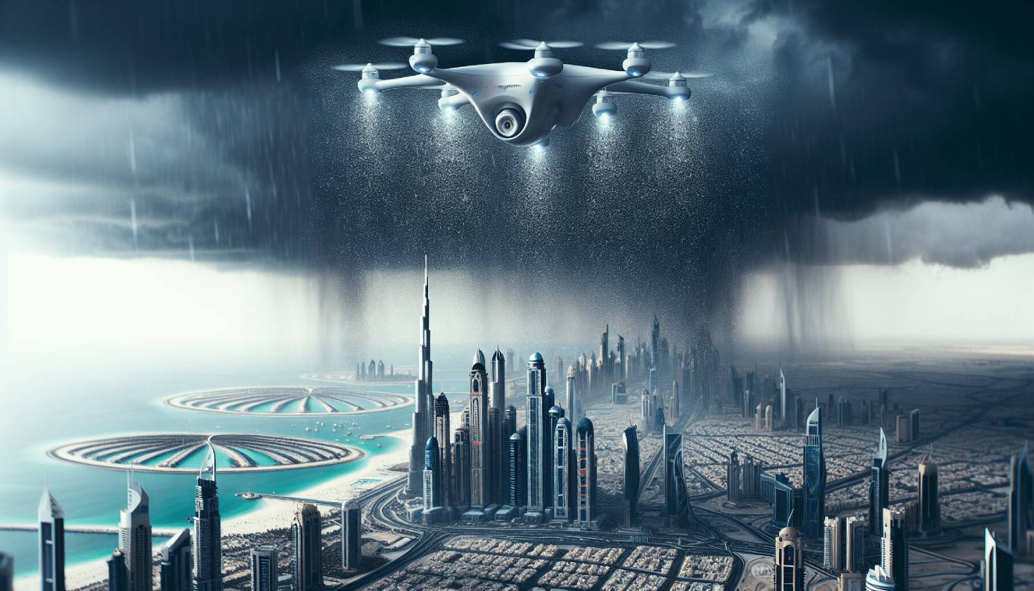 A futuristic drone flying over an advanced cityscape with skyscrapers under a heavy rainstorm.