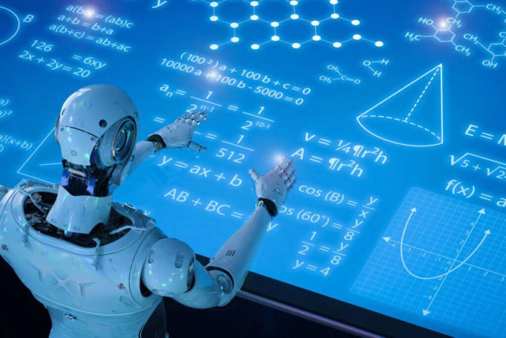 A robot interacts with floating mathematical and chemical formulas on a digital blue background.