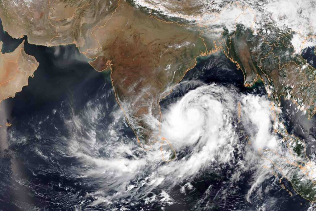 Satellite image showing a large cyclone off India's east coast.