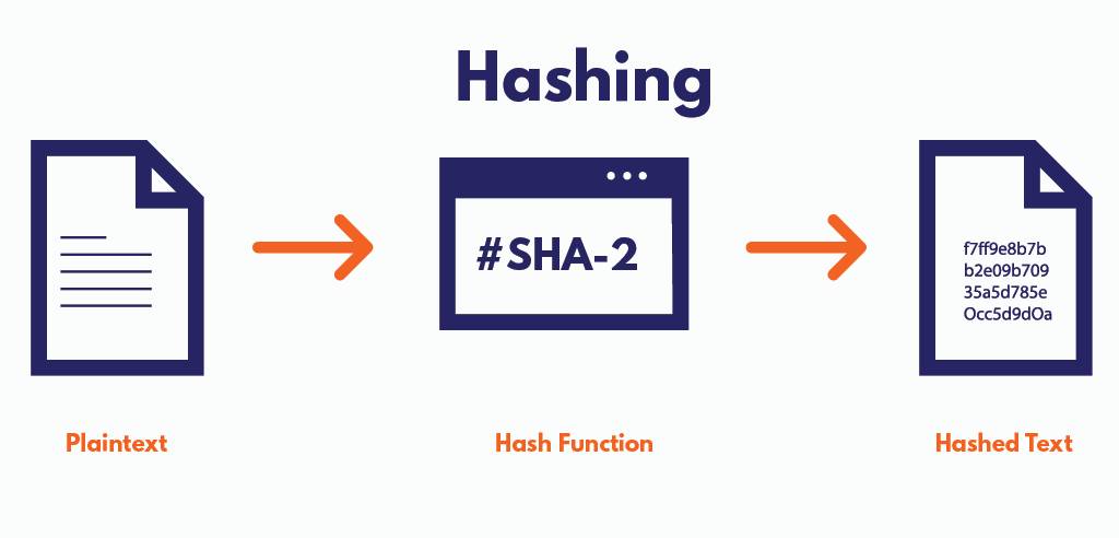 Illustration of text hashing process, showing plaintext converted via SHA-2 hash function into hashed text.