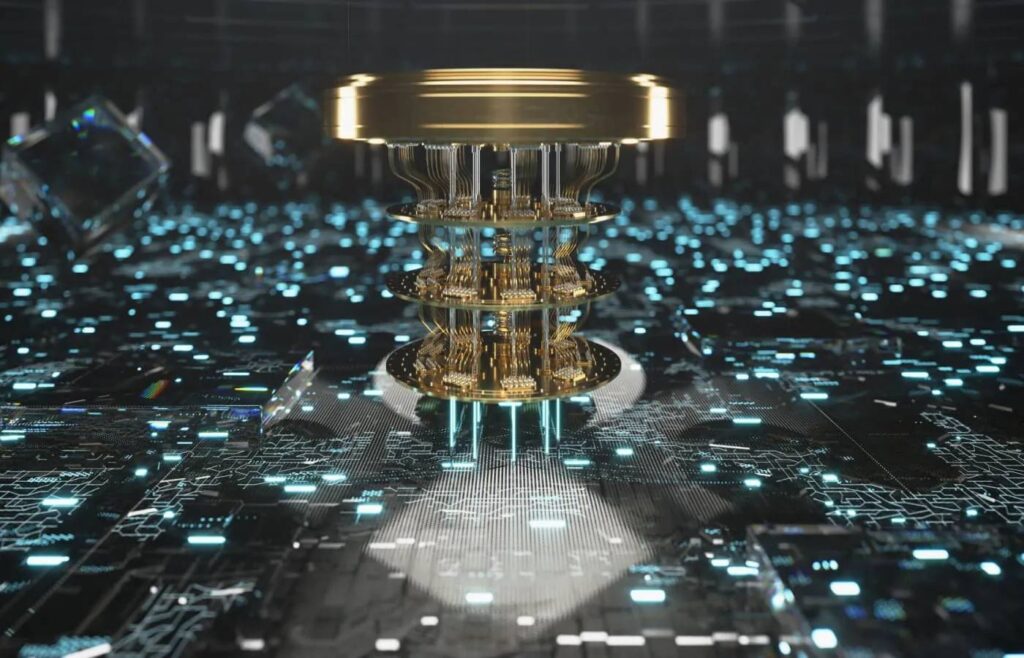 A futuristic golden structure with multiple layers standing on an illuminated, complex circuit board.
