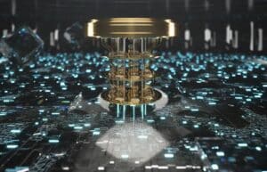 A futuristic golden structure with multiple layers standing on an illuminated, complex circuit board.
