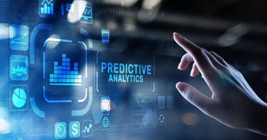 A hand interacts with futuristic digital interfaces displaying predictive analytics and data visualizations.
