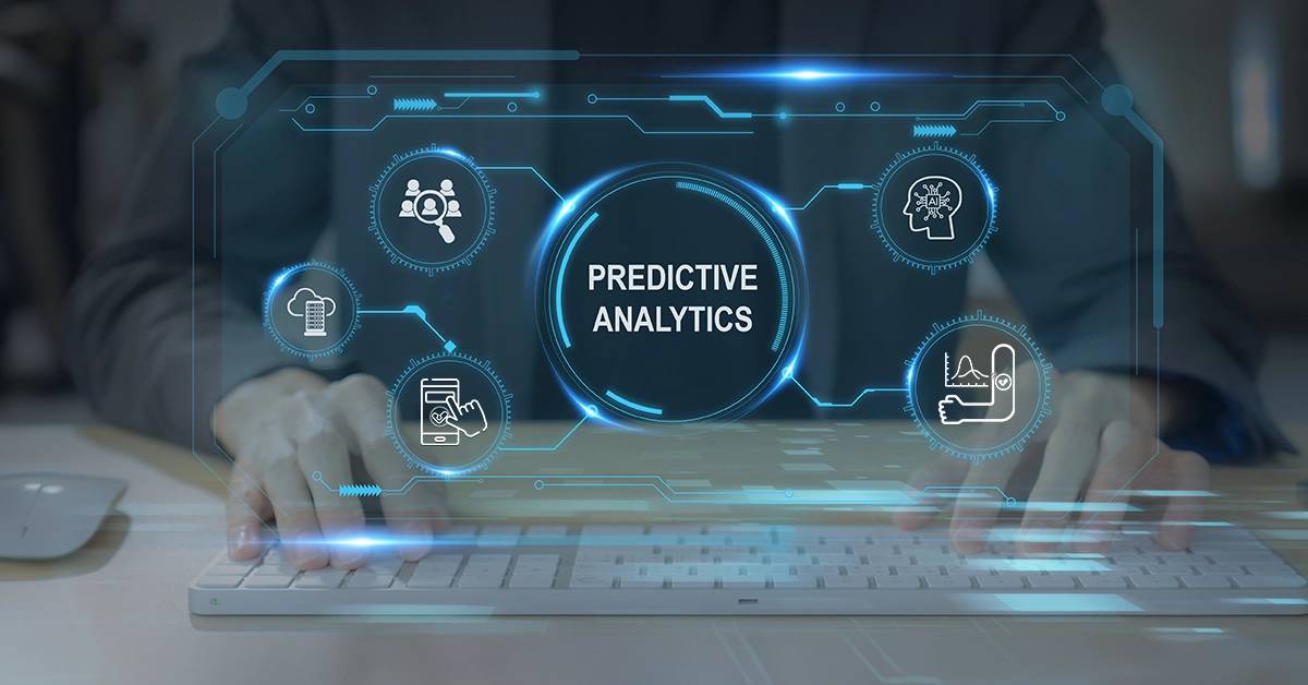 Person using a computer with a digital overlay of predictive analytics concepts and icons.