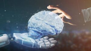 A robot hand and a human hand interact with a transparent digital brain in a futuristic setting.