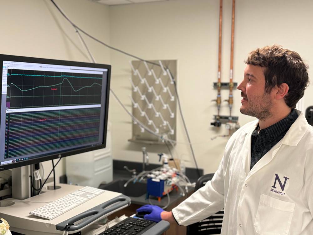 A male researcher examines data on a computer monitor in a laboratory setting.