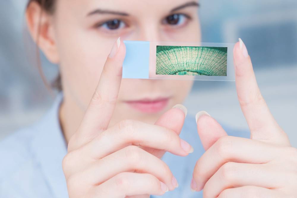 A woman holding up a small transparent card showing a magnified fingerprint.