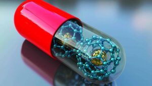 3D illustration of a large capsule with advanced nanotechnology and molecules inside, conceptually relating to futuristic medicine.