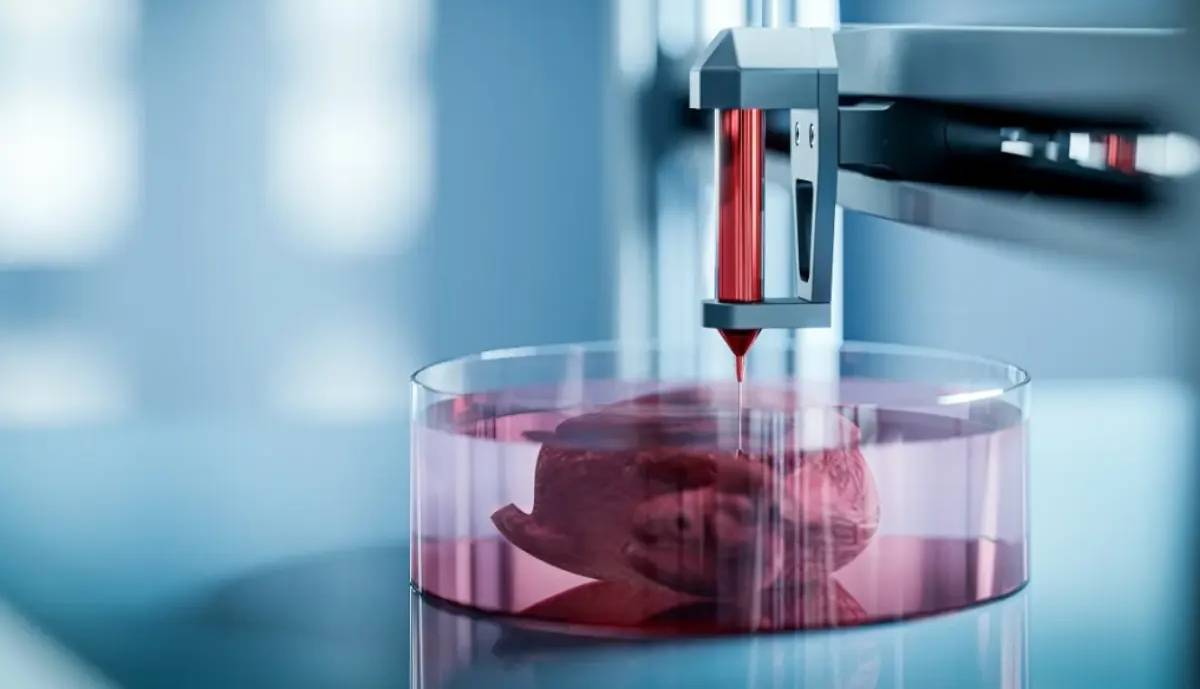 Bioprinter depositing material onto a synthetic structure to create a lab-grown organ in a scientific laboratory setting.