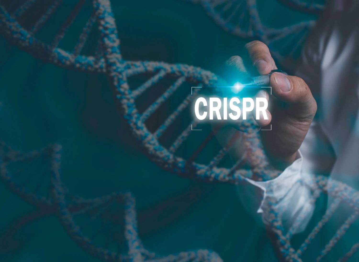 Person holding a glowing CRISPR sign with a stylized DNA strand in the background.