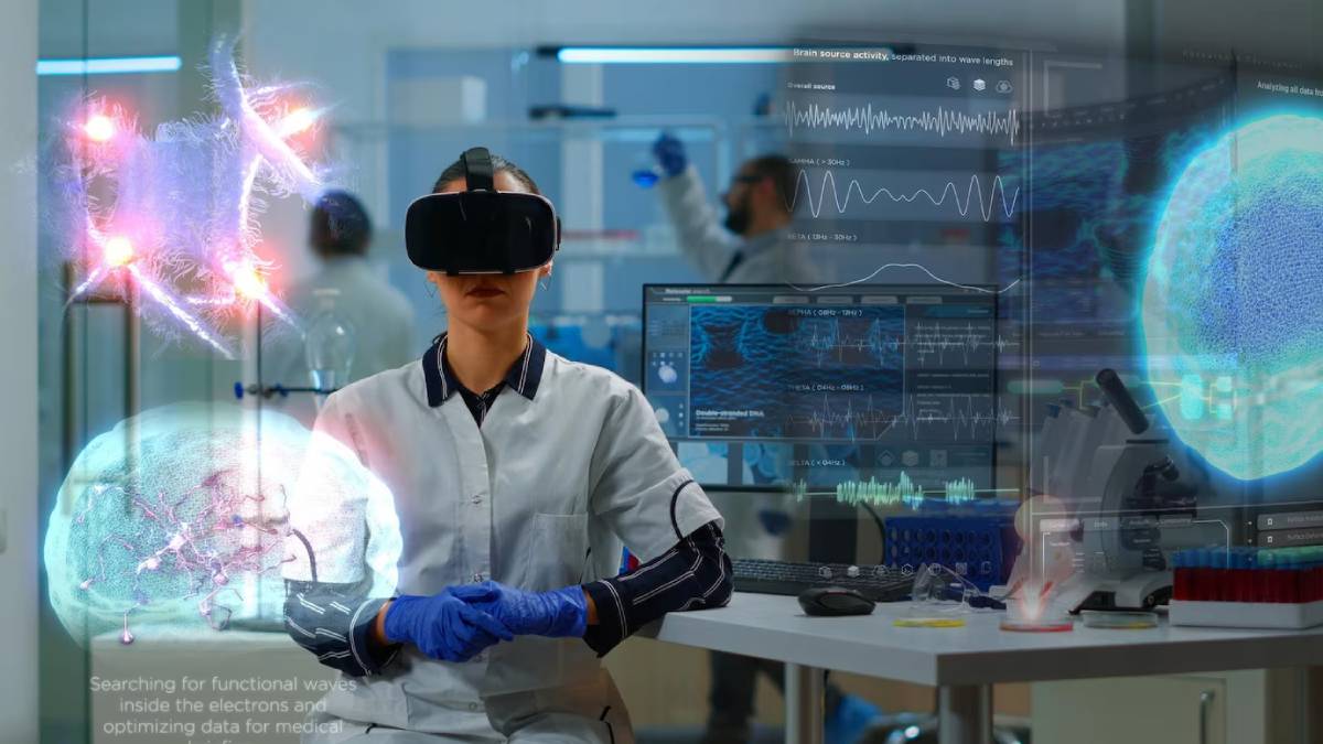 Scientist wearing VR headset conducting advanced brainwave experiments in a high-tech laboratory with futuristic displays and equipment.