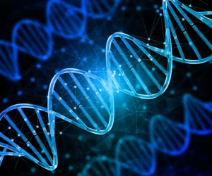 Illustration of glowing blue DNA strands with connected nodes on a dark background, symbolising genetic and molecular structures.