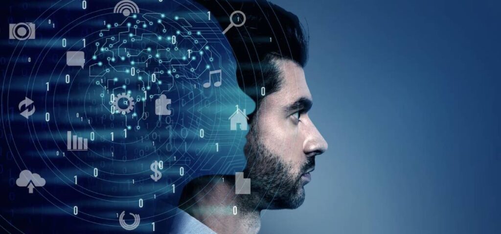 Profile of a man with digital icons and circuits overlaying his head, symbolizing technology and data concepts.