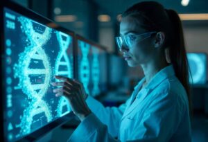 A scientist in a lab coat interacts with digital screens displaying glowing DNA strands and data analyses in a high-tech environment.