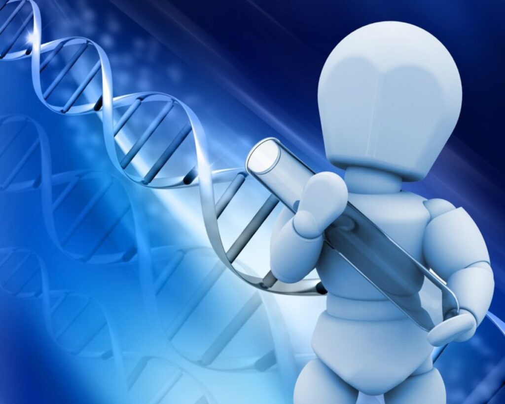 A blue humanoid figure holds a test tube against a backdrop of a DNA helix, symbolizing scientific research in genetics.