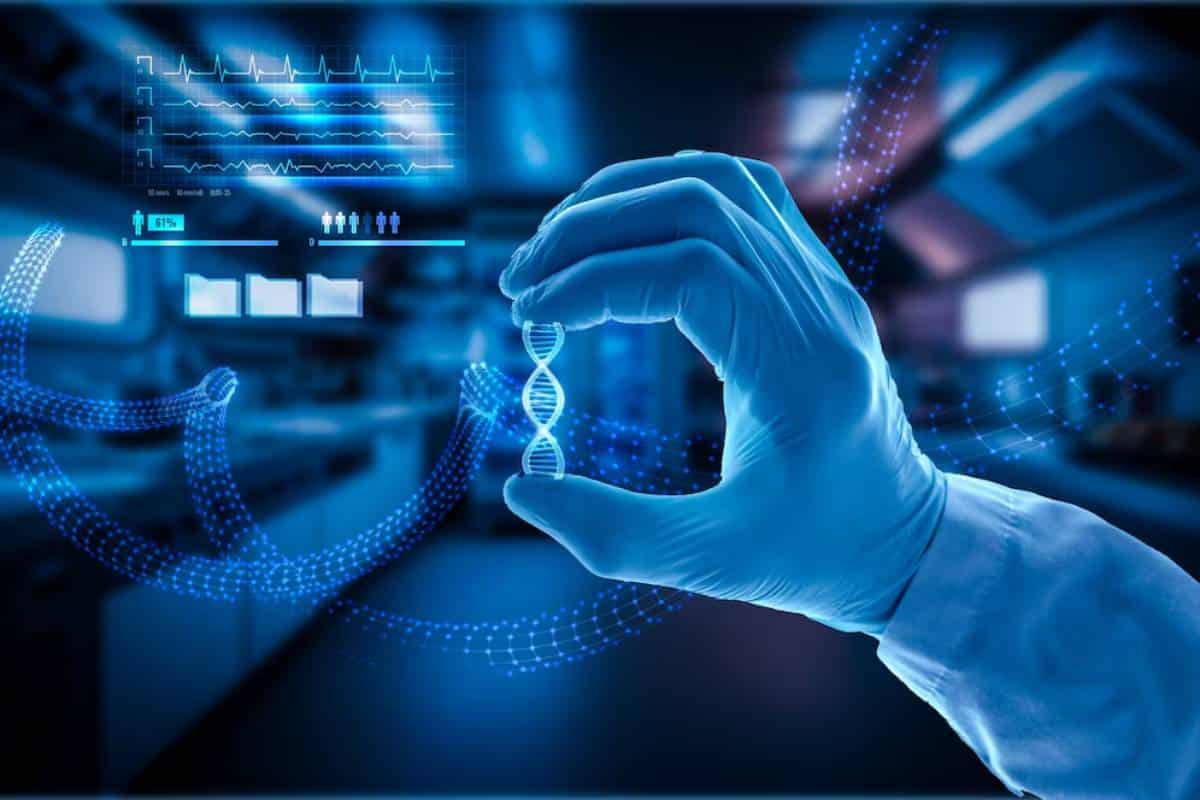 A gloved hand holds a DNA double helix, surrounded by digital health data and blue analytical graphics in a lab setting.